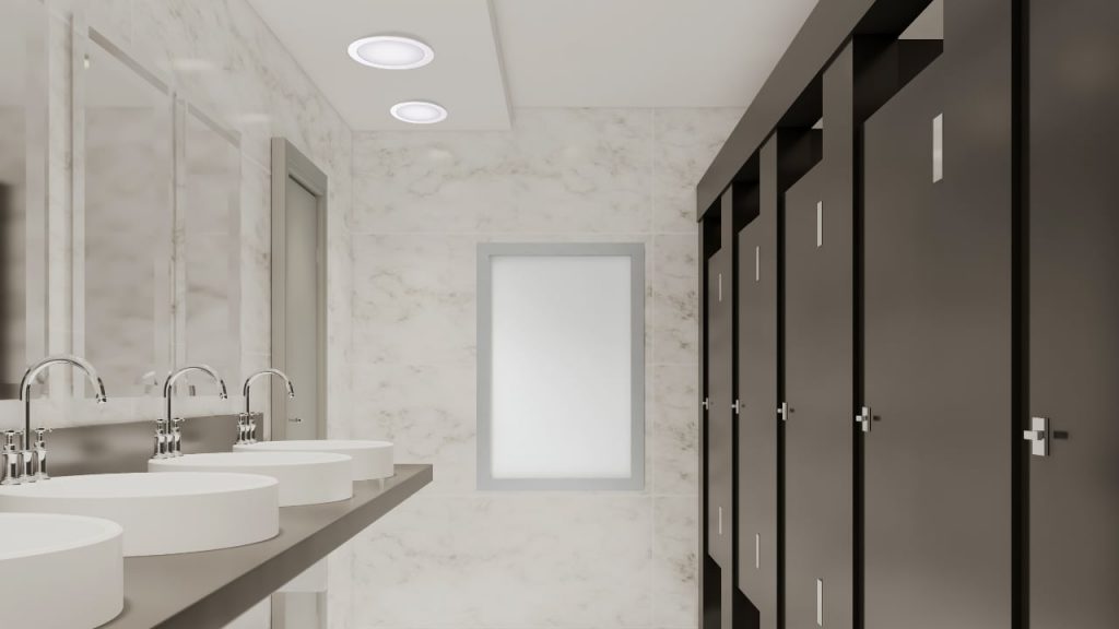 Zur deckenintegrierten Beleuchtung von WCs, Wasch- und Umkleideräumen sind die neuen Downlights RS PRO DL 150/ 200 SC von STEINEL ideal.